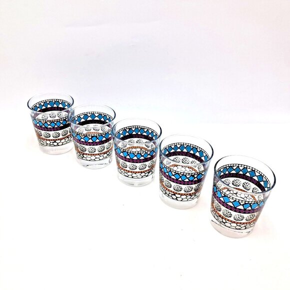 IKEA Murkla Cocktail Glasses Geometric Retro Look -Teal Purple Black -Lot of 5 - Picture 6 of 7